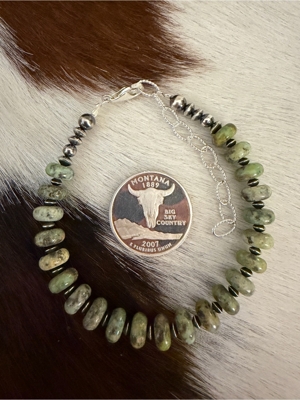 ❤️ 925 Desert Pearls & Saucers Cerrillos Green Turquoise Bracelet Unisex 7+2”L - Picture 5 of 13